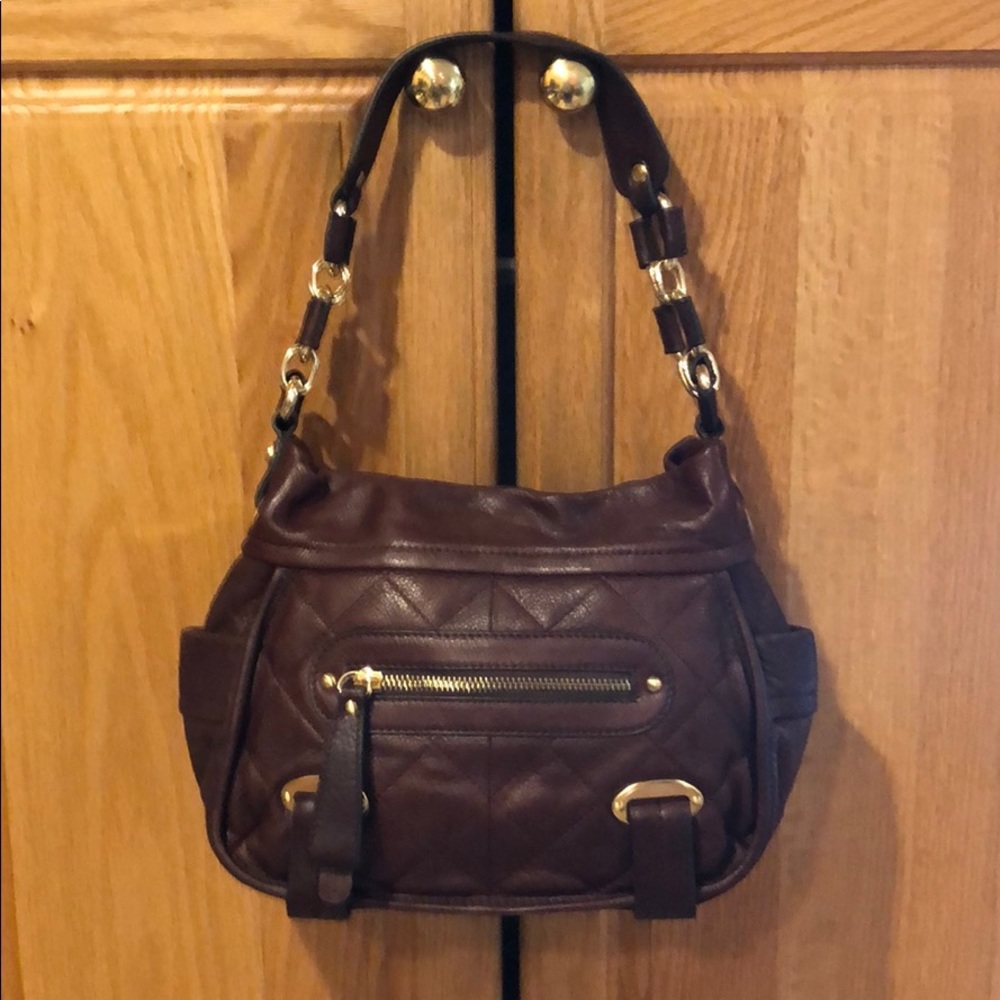 Brown small leather shoulder bag gold hardware